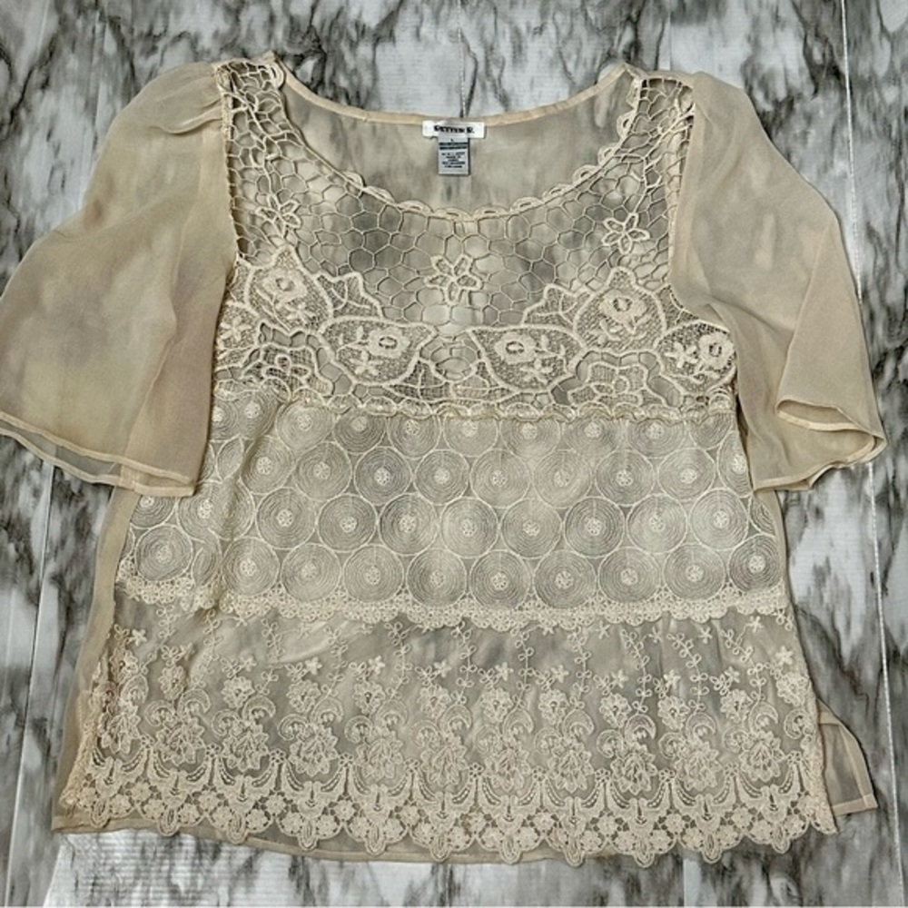 Cream Lace Puff Sleeve Blouse Sheer Lacy Boho Chic Romantic Vintage Fairycore
